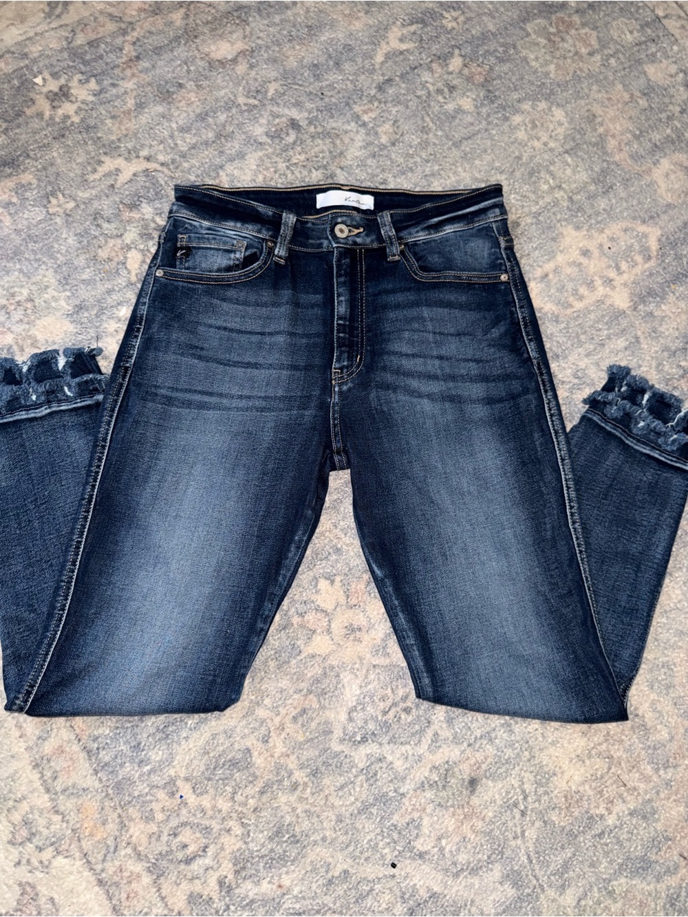 KanCan Dark Indigo Ankle Crop Jeans with Raw Frayed Hem